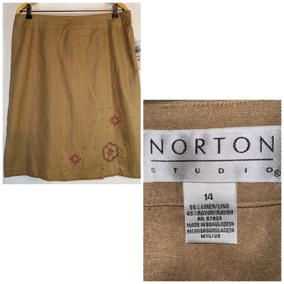 Norton Studio Skirt Women's 14 Tan Mykonos Linen Blend Embroidered Cognac A-Line - Picture 1 of 12